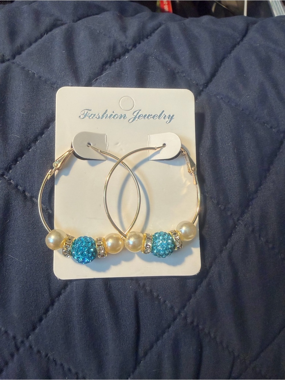 Fashion Jewelry Gold Hoop Earrings with Blue Crystal and Pearl Beads